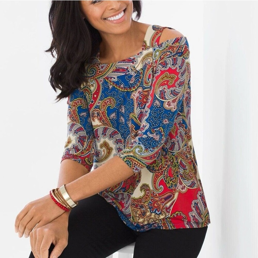 Chico’s Cold Shoulder Paisley Print Top